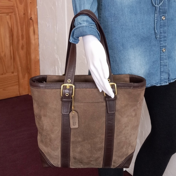 Coach Carly, Suede Shoulder/Tote Bag In Taupe - Picture 10 of 14